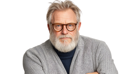 A mature man with glasses and a beard, dressed in a cozy gray cardigan, poses with a thoughtful expression.