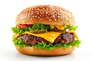 hamburger with cheese and lettuce isolated on a white background.