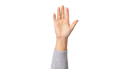 A raised hand gesture expressing greeting or signaling attention, isolated on a clean background.