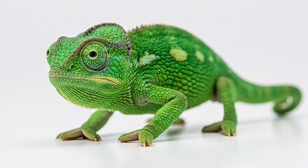 Vibrant green chameleon subtly blends against bright white background. AI Generated
