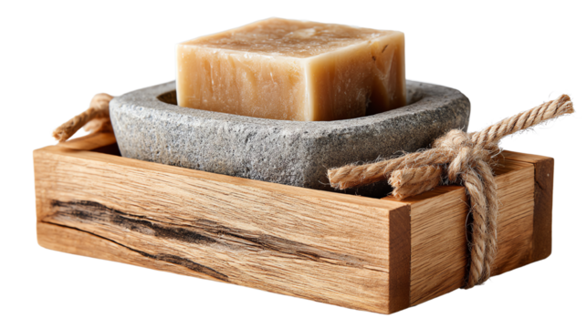A rustic soap dish made of stone and wood with a natural bar soap placed on it, perfect for eco-friendly living.