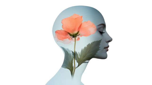 A silhouette of a woman's head with a blooming flower, symbolizing beauty and inner peace.