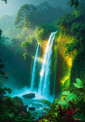 Rainbow Over Jungle Waterfall Scene