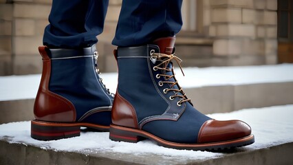 Modern two-tone leather men’s boots in brown and navy blue with stylish laces and thick soles, perfect for urban and casual fashion wear.