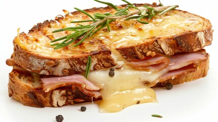 Croque monsieur, sandwich jambon fromage, sur fond blanc
