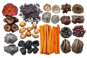 A vibrant array of vegetables and plants displayed in an artistic arrangement on a white background.