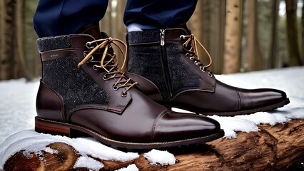 Dark brown textured men’s winter boots on snow-covered ground, built for durability, warmth, and classic outdoor style in cold weather.