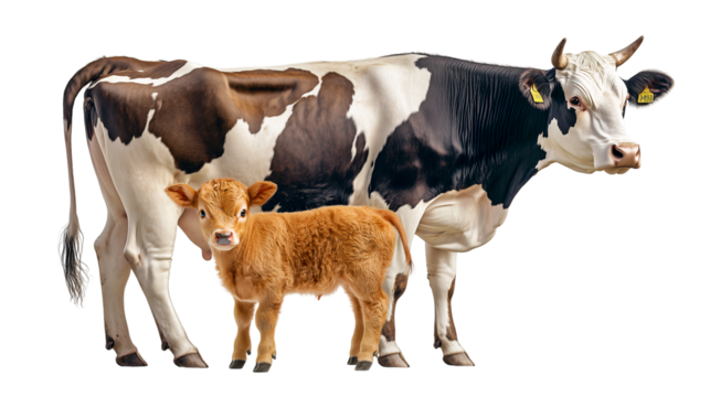 Cow and calf standing together on a farm setting, isolated, created with Generative AI