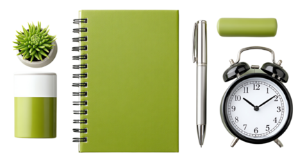 A vibrant green workspace setup including a notebook, pen, clock, and decorative plant, isolated on a white background.