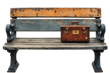 A weathered park bench with an antique suitcase, offering a nostalgic vibe against a white isolated background.