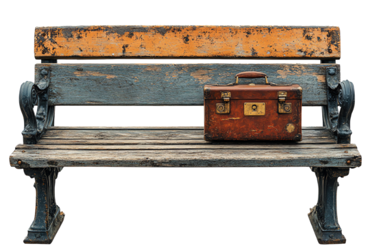 A weathered park bench with an antique suitcase, offering a nostalgic vibe against a white isolated background.