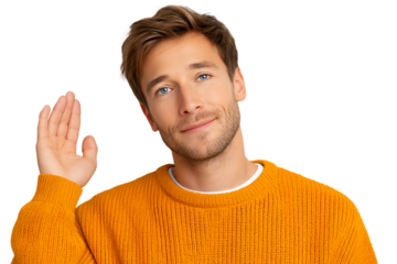 A young man wearing an orange sweater, smiling and waving, on a white isolated background.