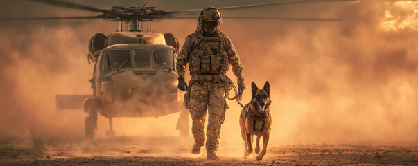 Military officer walking confidently with German Shepherd dog in dusty environment, with helicopter in background, creating dramatic and intense atmosphere