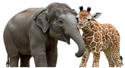 Fototapeta premium Gentle giant elephant tenderly touches playful baby giraffe against bright white background. AI Generated