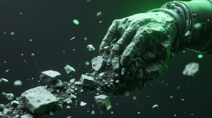 Stone hand disintegrating into rocky fragments against dark background with green lighting. Abstract concept of decay, transformation, and impermanence in dramatic artistic rendering.