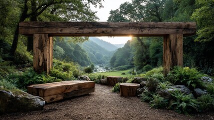 Wooden frame looking into a green valley with a river in the distance under sunlight