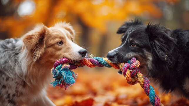 Two dogs playing tug of war with colorful rope toy in vibrant autumn setting, surrounded by fallen leaves, showcasing their playful and energetic nature - Powered by Adobe