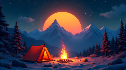 Peaceful wilderness camping artwork with vivid sunset and serene snow forest backdrop for digital storytelling or ads