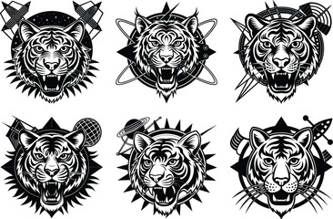 Tribal tiger head tattoo design with skull and floral elements in a vintage black silhouette style