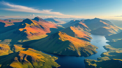 Colorful mountain range with lake at sunset, aerial view of breathtaking landscape