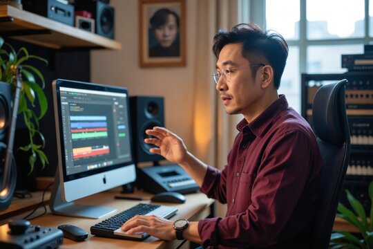 Knowledgeable East Asian Male (40s) Providing Online Music Production Lessons in Home Studio with Computer and Audio Gear