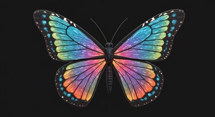 Obraz premium Vibrant iridescent butterfly wings shimmer softly against a dark background. AI Generated