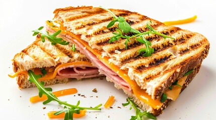 Croque monsieur, sandwich jambon fromage, sur fond blanc