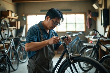 Obraz premium Vintage Bike Restoration: East Asian Male (40s) Meticulously Working on Old Bicycles in his Dusty Home Workshop