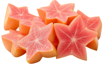 Colorful star-shaped fruit slices piled together, showcasing a vibrant pink hue and intriguing texture against a white background.