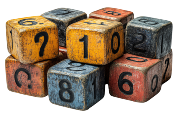 Colorful vintage numeral blocks stacked artistically on white background.