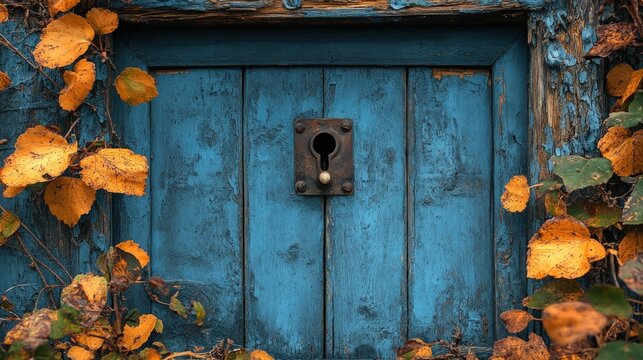 Aged wooden door with keyhole and autumn leaves - Powered by Adobe