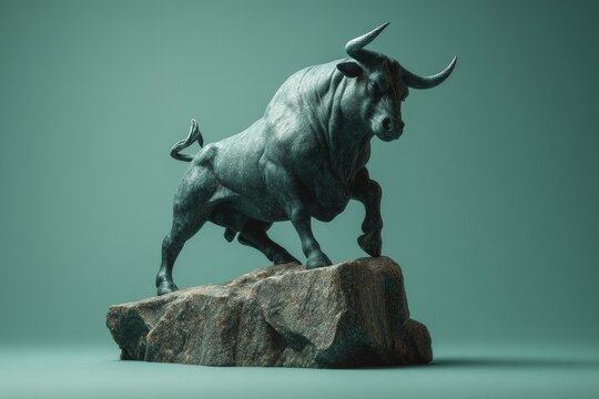 Powerful bull sculpture atop a rock formation.