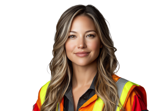 Confident woman in safety gear, smiling against a white background.