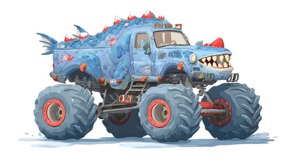 Obraz premium Playful cartoon monster truck with oversized wheels and vibrant colors isolated on crisp white background 