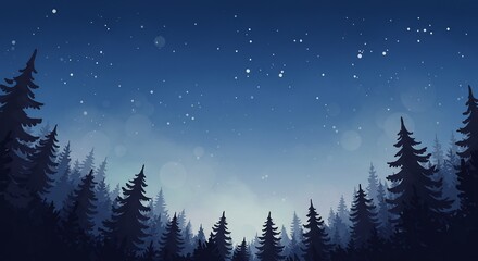 Dark Blue Night Forest Silhouette Under Starry Sky
