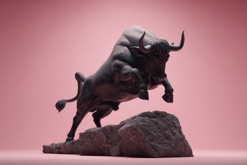 Fototapeta premium Dramatic leaping bull sculpture on a rock formation.