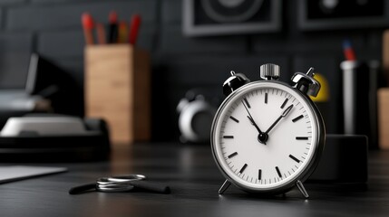 Classic Silver Alarm Clock on Desk with Office Supplies and Background