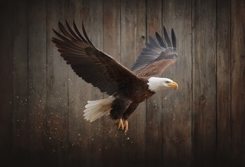 Obraz premium Majestic Bald Eagle in Flight against Rustic Wooden Background