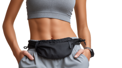 Fit woman showcasing toned midriff with a stylish fanny pack, promoting active lifestyle and fitness fashion.