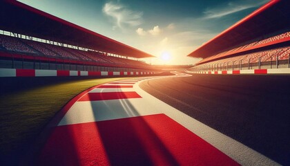 Red and white stripes on a turn of a race track on a sunny summer day with space for text