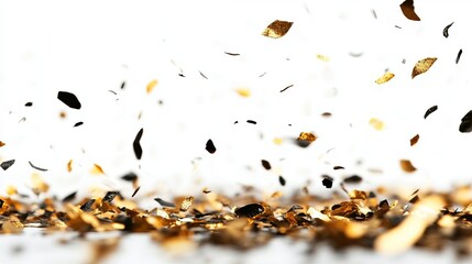 Gold and black confetti falling on a white background (16)