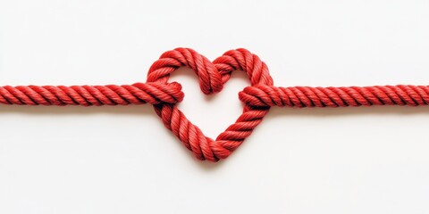 A red rope is twisted and tied in the shape of a heart. The rope is made of a thick, sturdy material and is tied in a tight knot. The heart is positioned in the middle of the rope