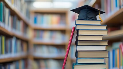 A stack of books with a cap on top of them. The books are piled up in a library