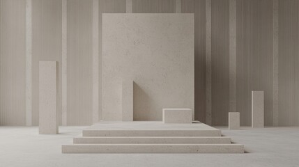 Fototapeta premium A minimalist white room with a large rectangular block and smaller square blocks.