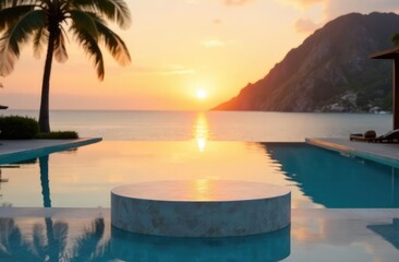 Fototapeta premium Podium stand in luxury swimming pool water with sea and sunset view. Summer background of tropical design product placement display. 
