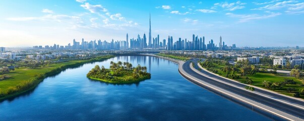 A city with a river running through it and a tall building in the background. The city is full of life and energy