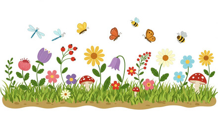 Horizontal cartoon flower border. Colorful flower border with lots of cartoon flowers, grass and butterflies.