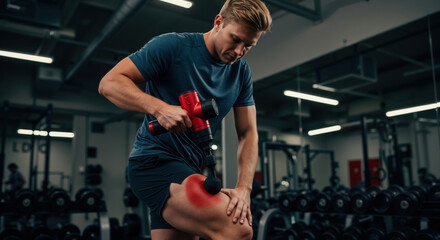 Man using red massage gun on thigh muscle in modern fitness facility with weight equipment background. Sports recovery technique for muscle pain relief and athletic performance enhancement