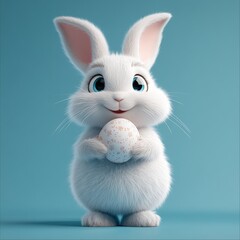 Obraz premium Adorable fluffy white cartoon bunny standing upright, cheerfully holding a speckled Easter egg against a smooth blue background. Concept of playful and joyful Easter celebration.