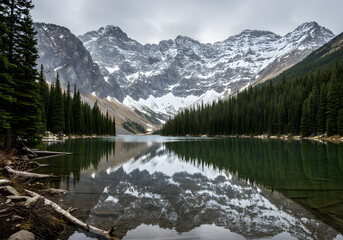 Fototapeta premium Serene Mountain Lake Reflection: A Picturesque Canadian Rocky Mountain Landscape